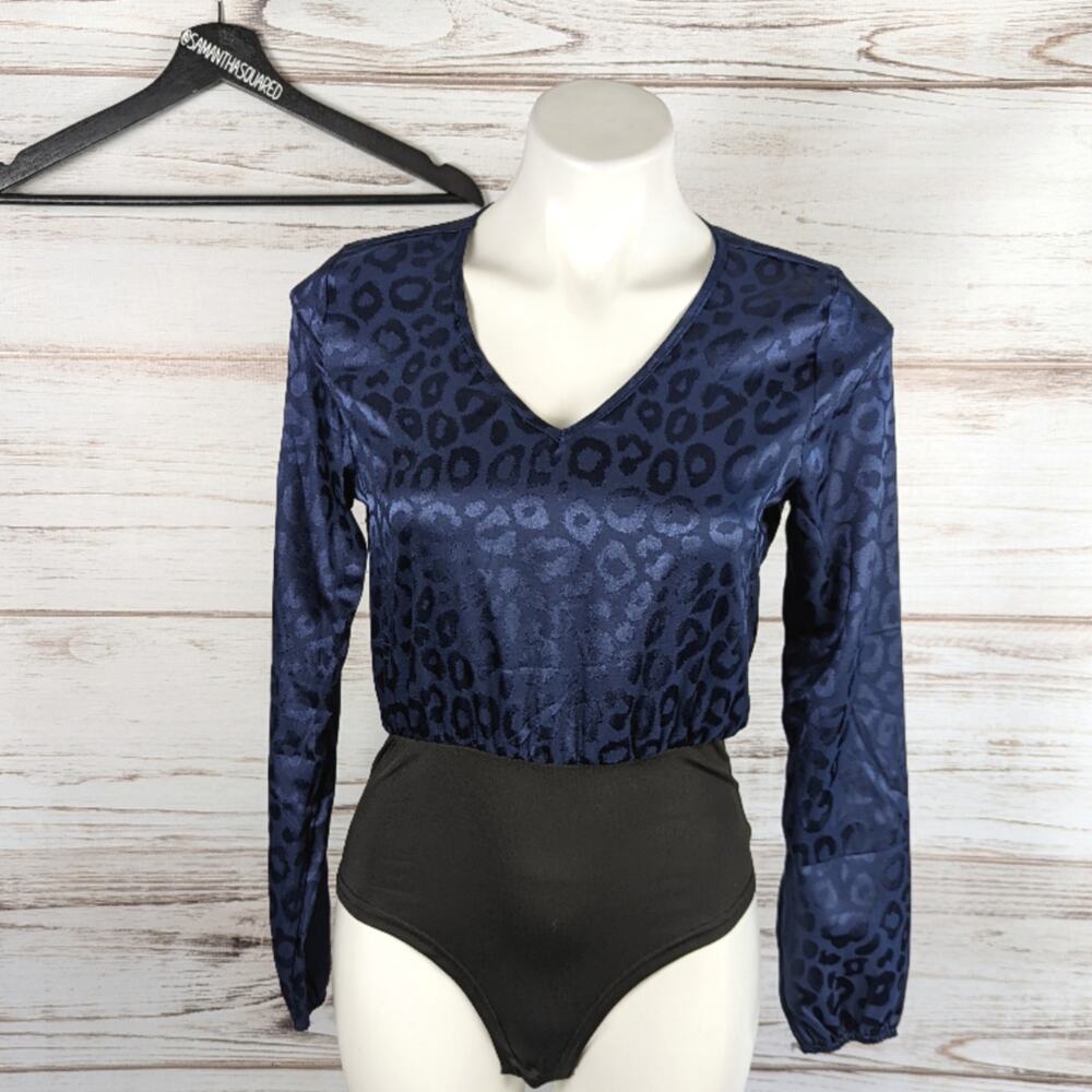 Shein Silky Leopard Print Navy Blue Bodysuit sz small